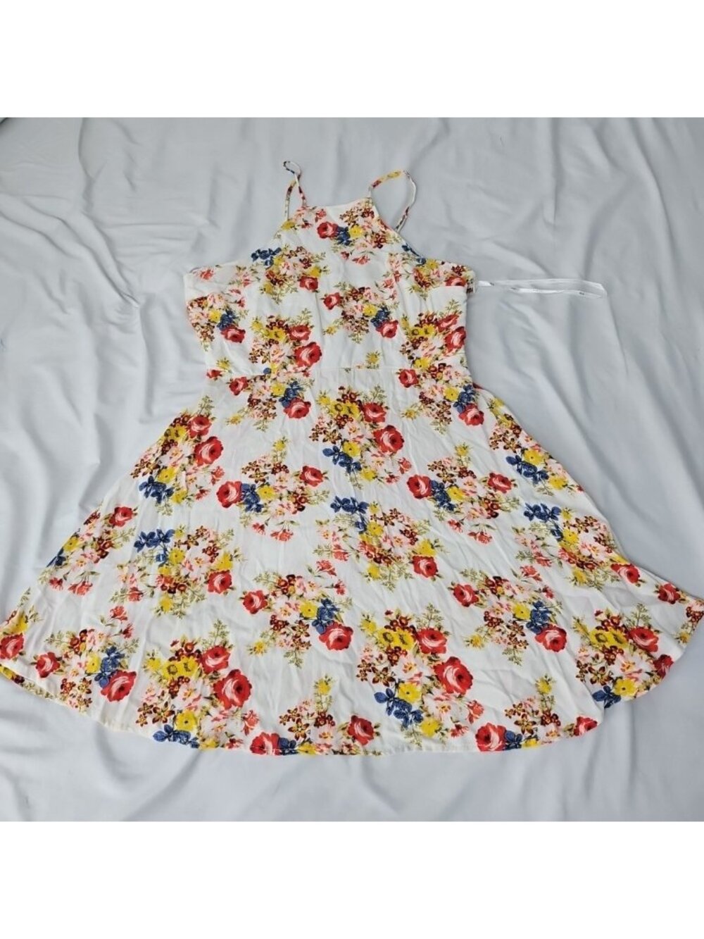 Iris Floral Fit & Flare Sundress Womens L Lace Up Back Cottagecore Boho Mini Dre